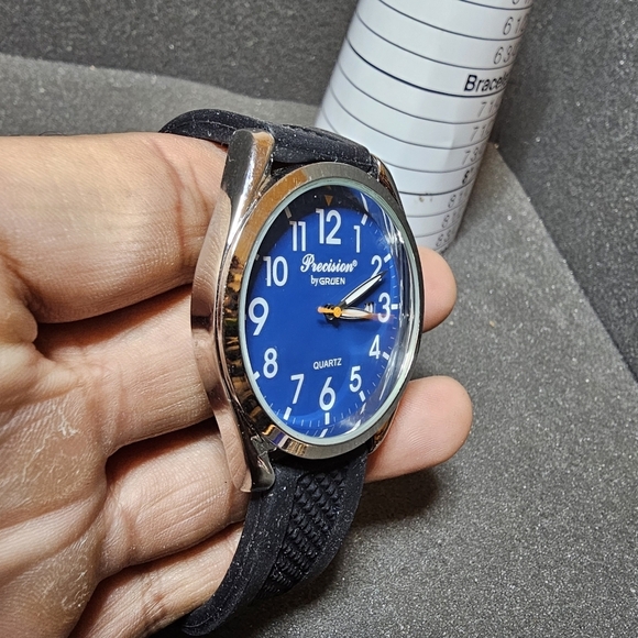 Precision By Gruen Mens Quartz Date Just Watch Working Silver Tone Blue Dial str - Picture 5 of 9